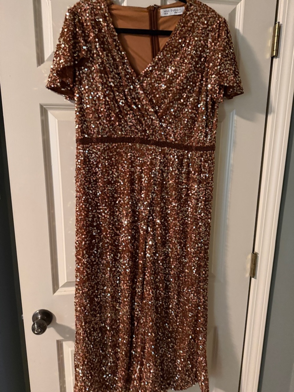 Mac Duggal Rose Gold Sequin Wrap Midi Dress